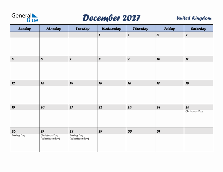 December 2027 Calendar with Holidays in United Kingdom