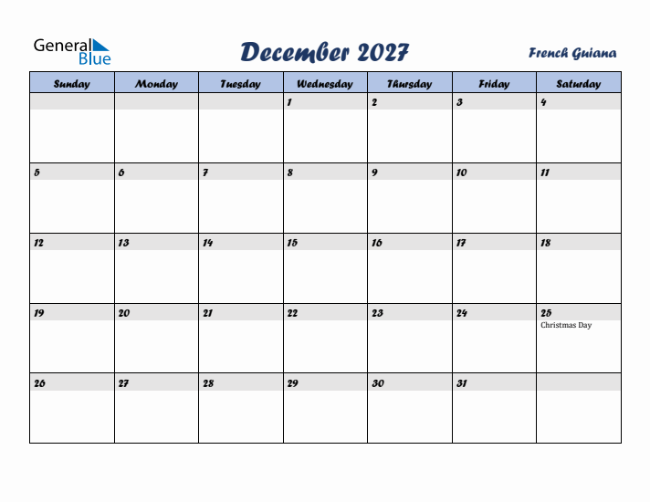 December 2027 Calendar with Holidays in French Guiana