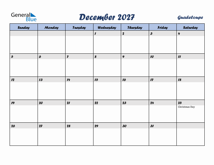 December 2027 Calendar with Holidays in Guadeloupe