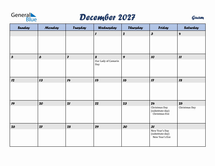 December 2027 Calendar with Holidays in Guam