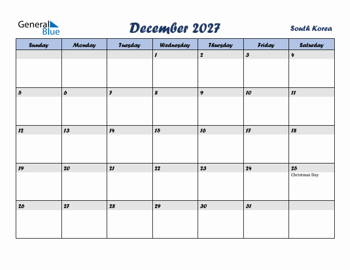 December 2027 Calendar with Holidays in South Korea