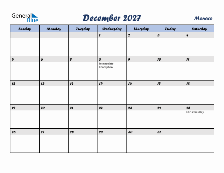 December 2027 Calendar with Holidays in Monaco