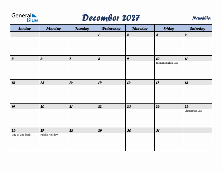 December 2027 Calendar with Holidays in Namibia