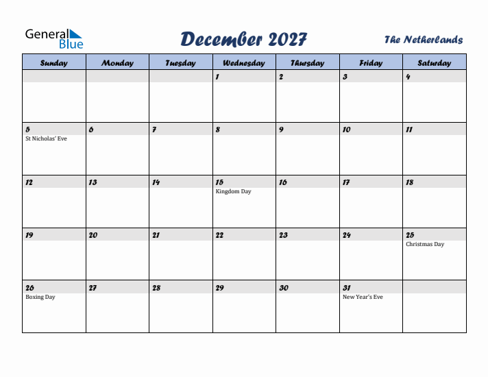 December 2027 Calendar with Holidays in The Netherlands