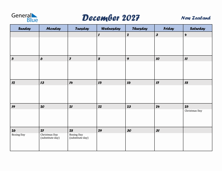 December 2027 Calendar with Holidays in New Zealand