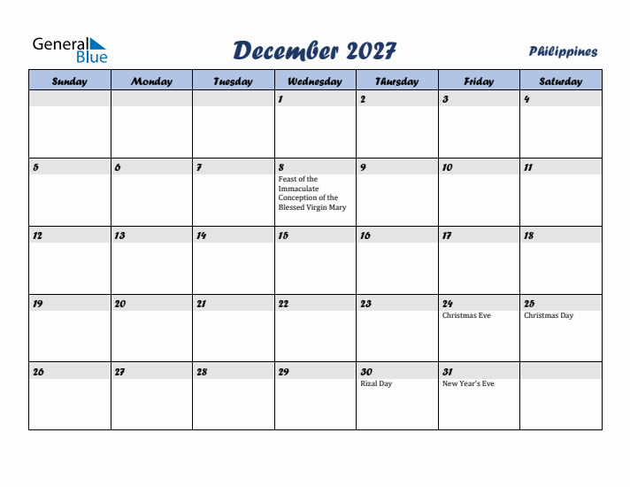 December 2027 Calendar with Holidays in Philippines