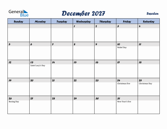 December 2027 Calendar with Holidays in Sweden