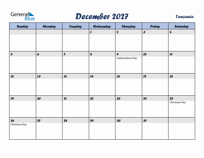 December 2027 Calendar with Holidays in Tanzania