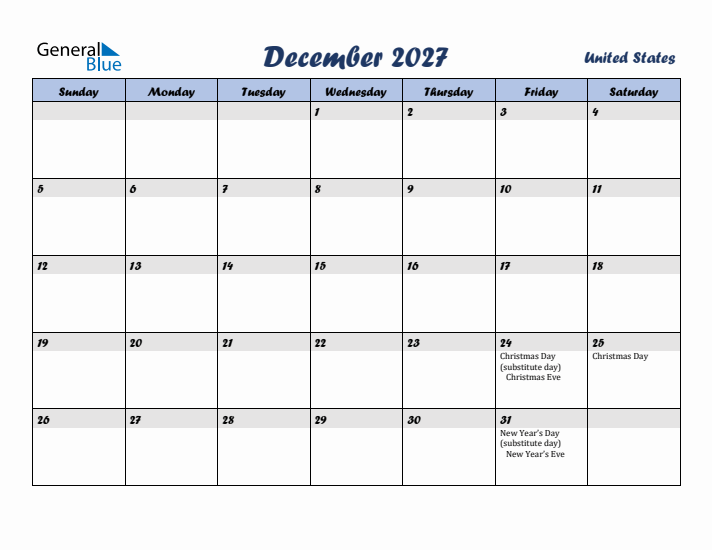 December 2027 Calendar with Holidays in United States