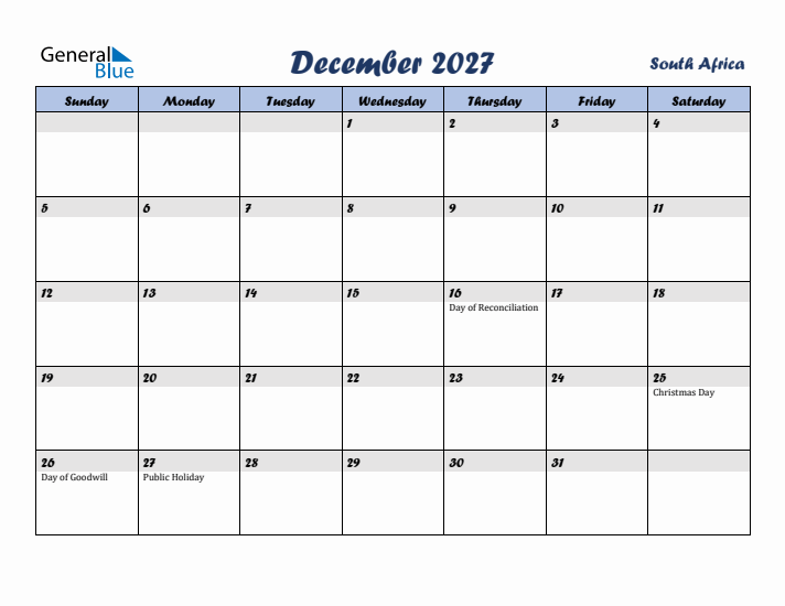 December 2027 Calendar with Holidays in South Africa