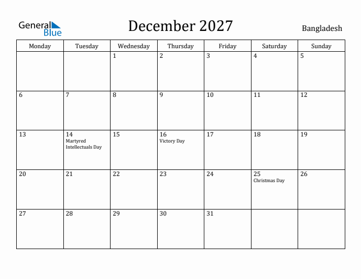 December 2027 Calendar Bangladesh