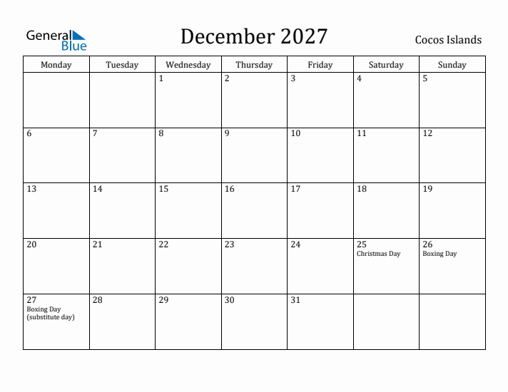 December 2027 Calendar Cocos Islands