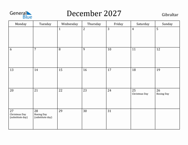 December 2027 Calendar Gibraltar