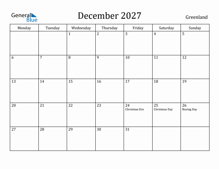 December 2027 Calendar Greenland