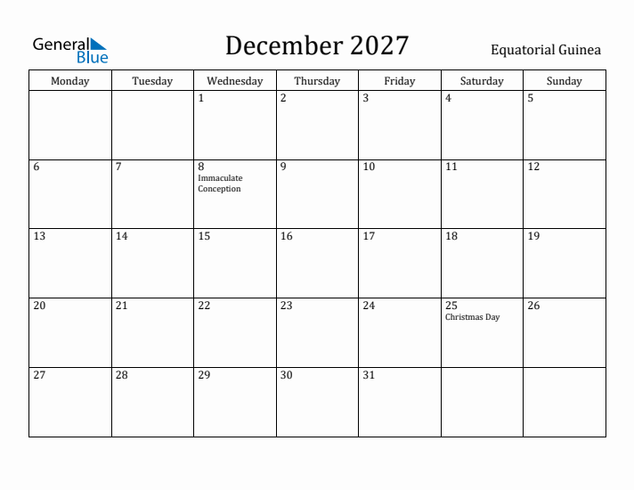 December 2027 Calendar Equatorial Guinea