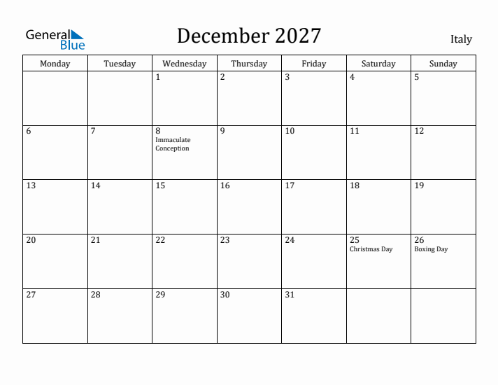 December 2027 Calendar Italy