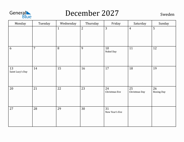 December 2027 Calendar Sweden