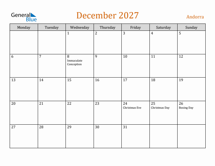 December 2027 Holiday Calendar with Monday Start