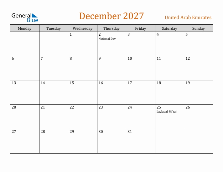 December 2027 Holiday Calendar with Monday Start