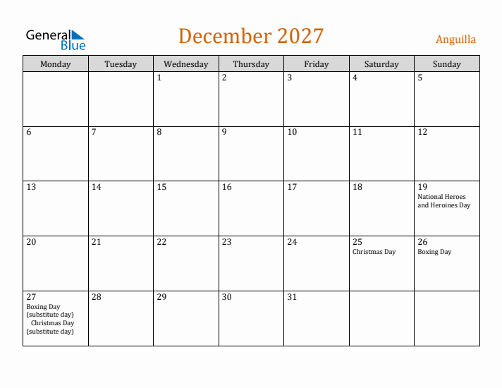 December 2027 Holiday Calendar with Monday Start