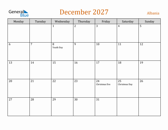 December 2027 Holiday Calendar with Monday Start