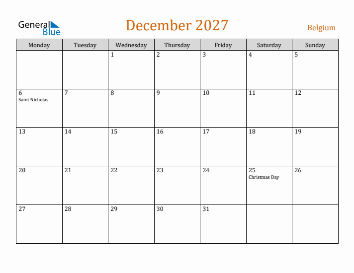 December 2027 Holiday Calendar with Monday Start