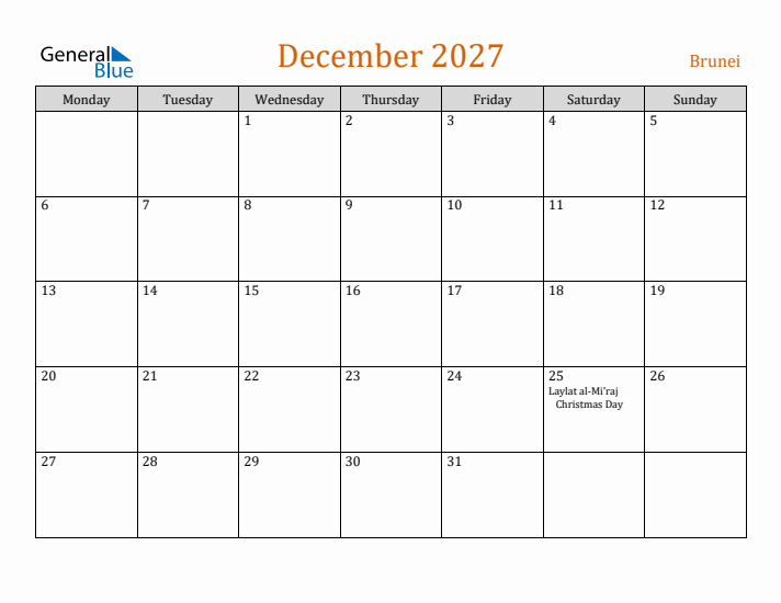 December 2027 Holiday Calendar with Monday Start