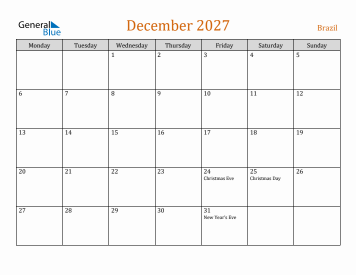 December 2027 Holiday Calendar with Monday Start