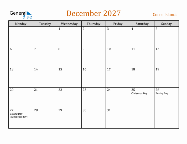 December 2027 Holiday Calendar with Monday Start