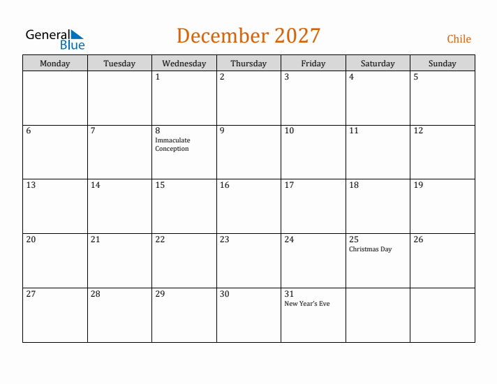 December 2027 Holiday Calendar with Monday Start