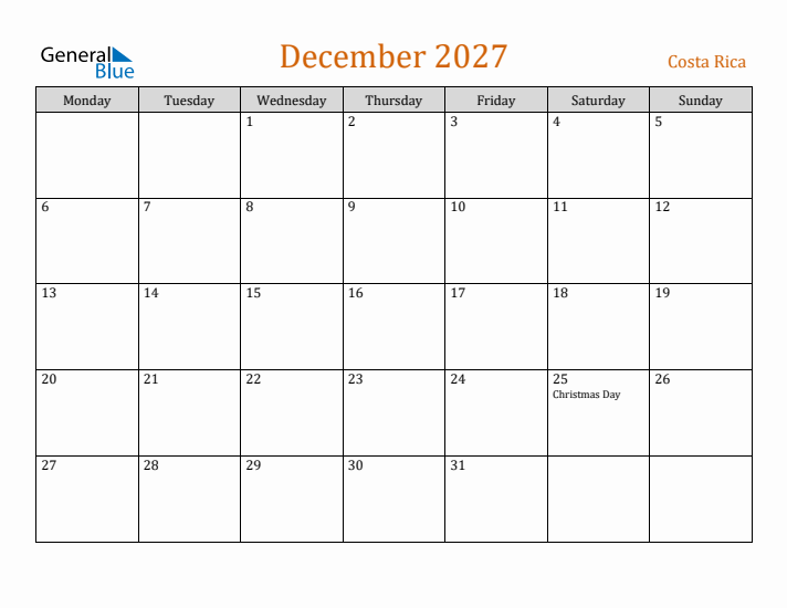 December 2027 Holiday Calendar with Monday Start