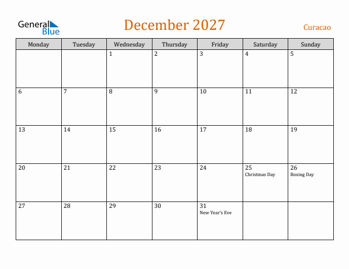 December 2027 Holiday Calendar with Monday Start