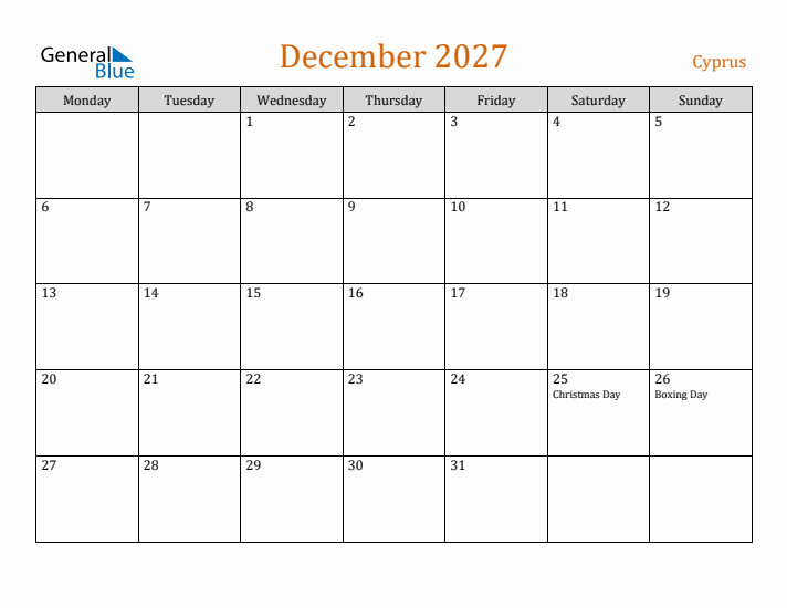 December 2027 Holiday Calendar with Monday Start