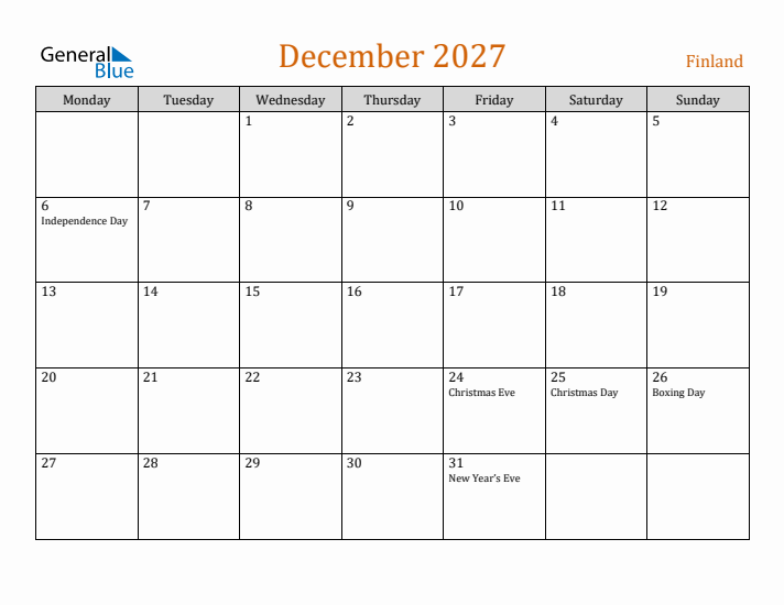 December 2027 Holiday Calendar with Monday Start