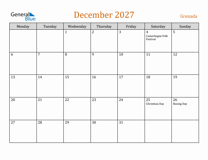 December 2027 Holiday Calendar with Monday Start