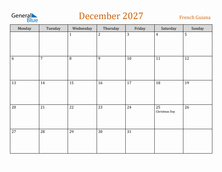 December 2027 Holiday Calendar with Monday Start