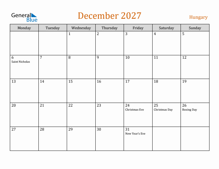 December 2027 Holiday Calendar with Monday Start