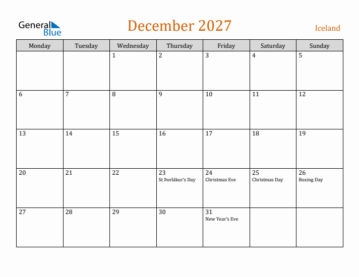 December 2027 Holiday Calendar with Monday Start