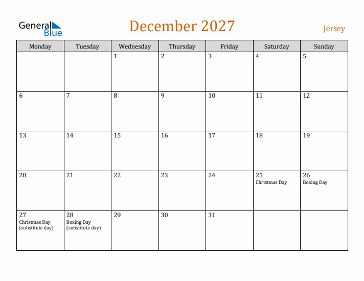 December 2027 Holiday Calendar with Monday Start