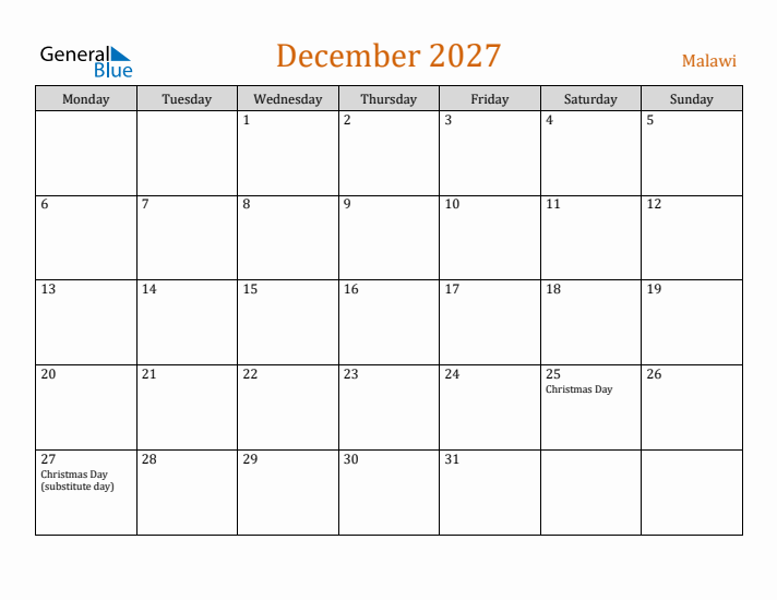 December 2027 Holiday Calendar with Monday Start