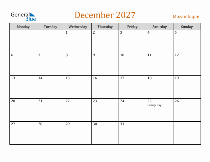 December 2027 Holiday Calendar with Monday Start