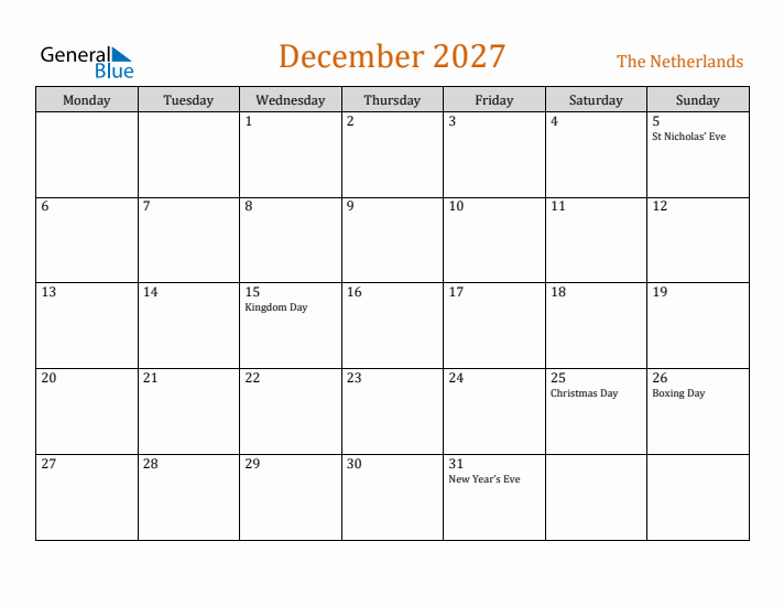 December 2027 Holiday Calendar with Monday Start