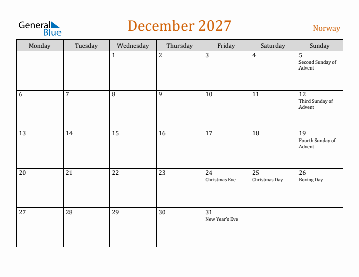 December 2027 Holiday Calendar with Monday Start