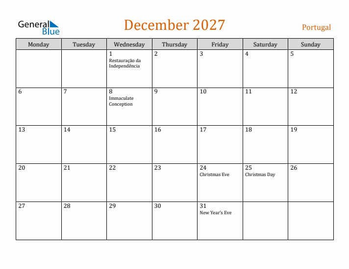 December 2027 Holiday Calendar with Monday Start