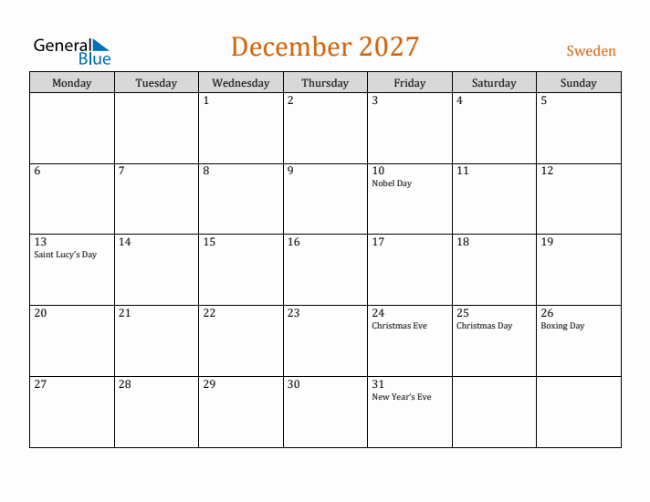 December 2027 Holiday Calendar with Monday Start