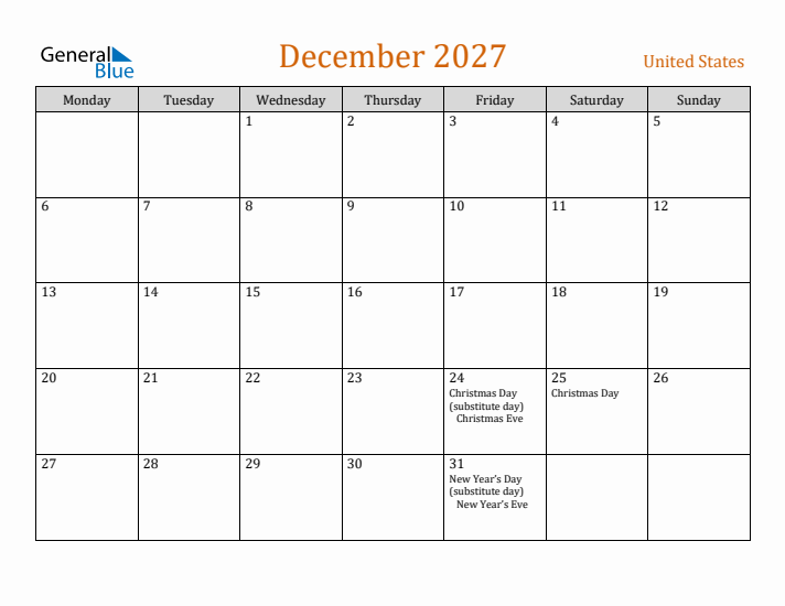 December 2027 Holiday Calendar with Monday Start