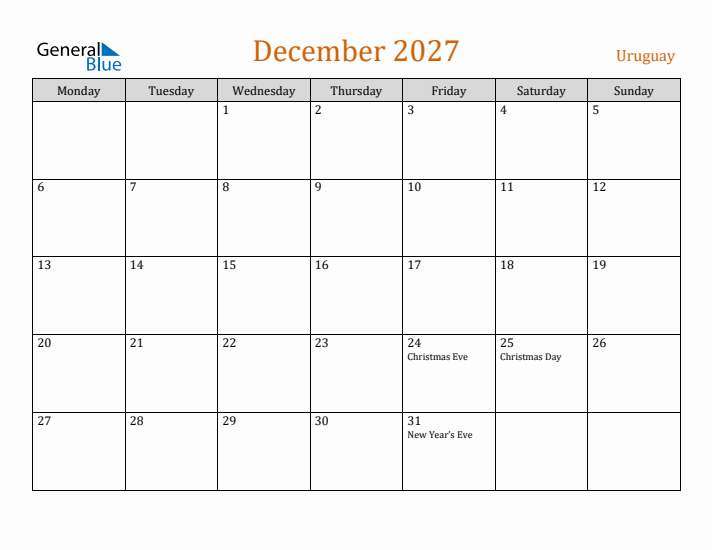 December 2027 Holiday Calendar with Monday Start