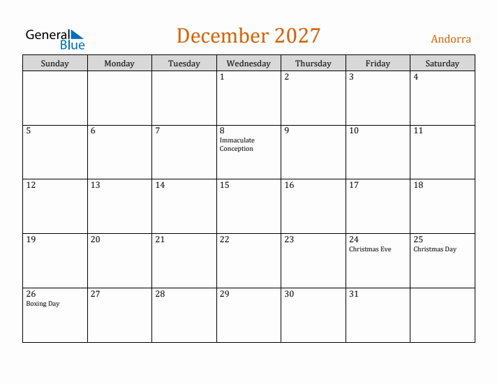 December 2027 Holiday Calendar with Sunday Start