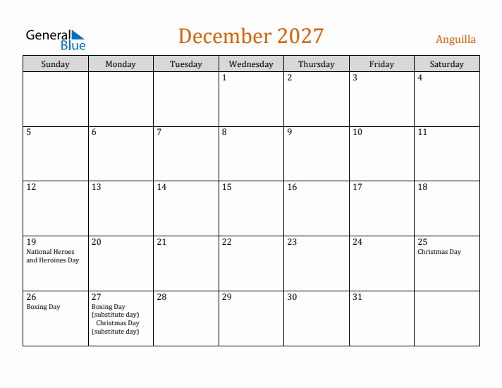 December 2027 Holiday Calendar with Sunday Start