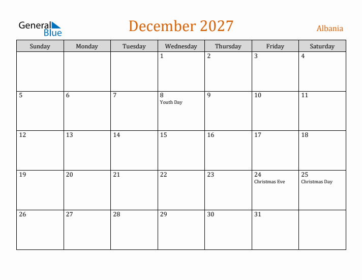 December 2027 Holiday Calendar with Sunday Start